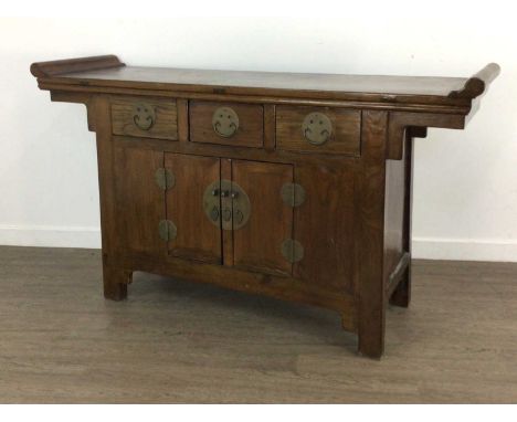 CHINESE HARDWOOD SIDEBOARD 19TH CENTURY  the panelled top with scroll ends, over three drawers and twin cupboard doors87.5cm 