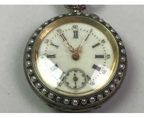 CONTINENTAL SILVER, ENAMEL & PEARL SET FOB WATCH the back depicting a portrait of a lady, the face bearing Roman numeral dial