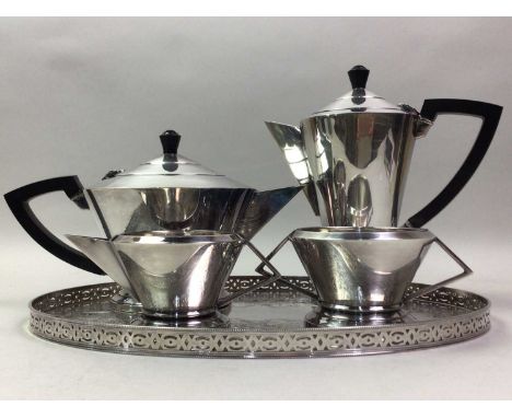 ART DECO SILVER PLATED FOUR PIECE TEA AND COFFEE SET, C.1920S of circular tapering form with an oval tea traythe tray 36cm lo