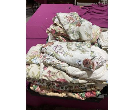Three boxes of Sanderson print curtains and other textiles