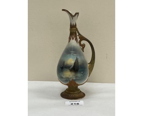 A Royal Worcester ewer, gilded and painted with a seascape to each side by Raymond Rushton. Shape 242A. Date for 1912. 7½" hi