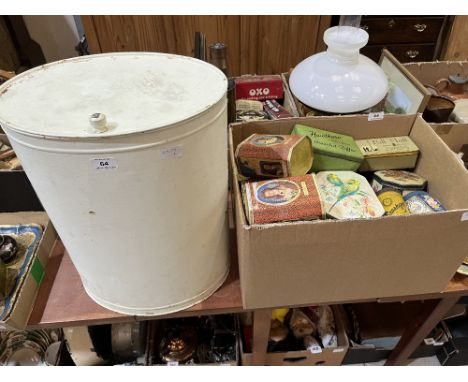 A box of vintage tins and tin laundry bin.