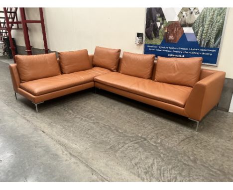 A Camerich of London contemporary style tan leather corner sofa in two parts. Each part 89" wide.