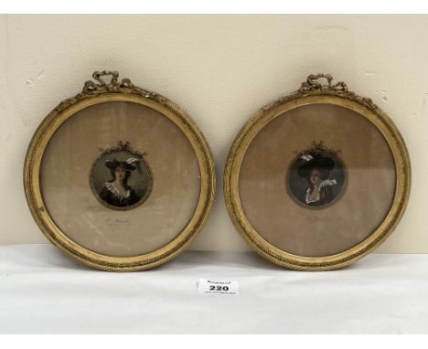 A pair of 19th century portrait miniatures of French or Italian ladies. The gilt ribbon-tie moulded frames 7¼" diam.