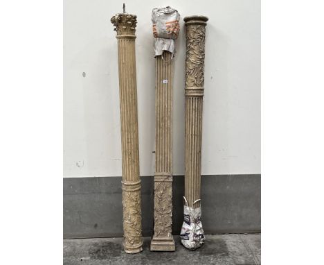 Architectural Antiques. Three 19th century carved wood and gesso pilasters. 79" high.