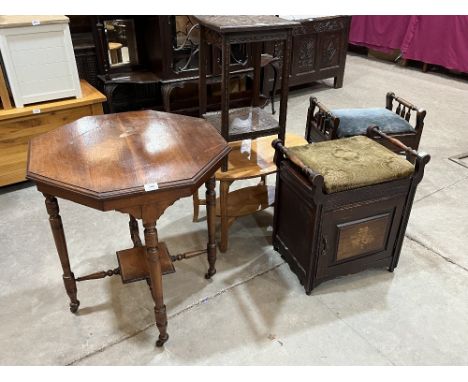 An Edward VII walnut octagonal centre table; two piano stools and two occasional tables. (5)