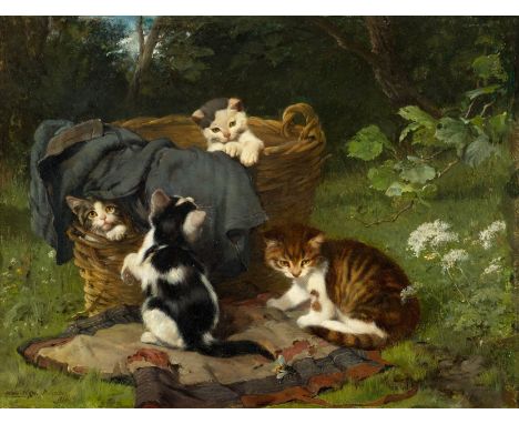 JULIUS ADAM D. J.(1852 München 1913)Vier spielende Kätzchen - die Hummel. 1886.Öl auf Holz.Unten links signiert, bezeichnet u
