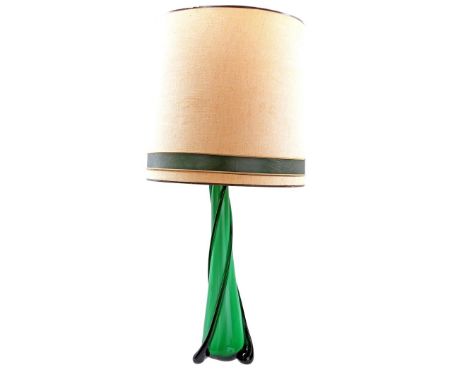 Green hand-blown glass table lamp with upholstered shade, probably Val St. Lambert, second half of the 20th century, 77 cm hi