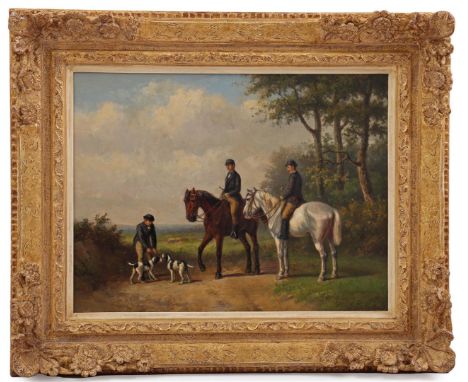 Joseph Teixeira de Castro (1824-1908)Men with horses and a walker with dogs, panel 31x41 cm in a beautiful classic Paul Gehri