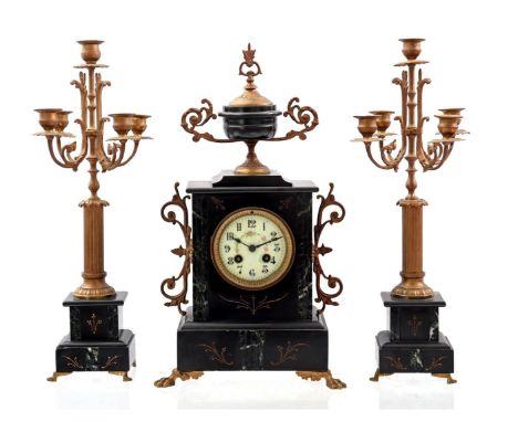Black marble mantel clock set, movement marked Marti, mantel clock 46 cm high, 5-light candlesticks 46 cm high