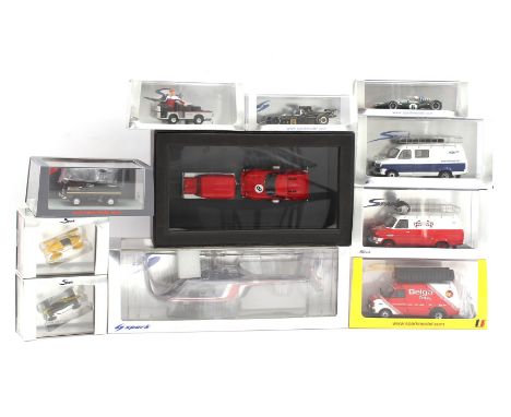 Collection of 10 Spark scale model items including Lotus helicopter Team Essex 1981, Transporter Team Lotus-Silverstone 1968,