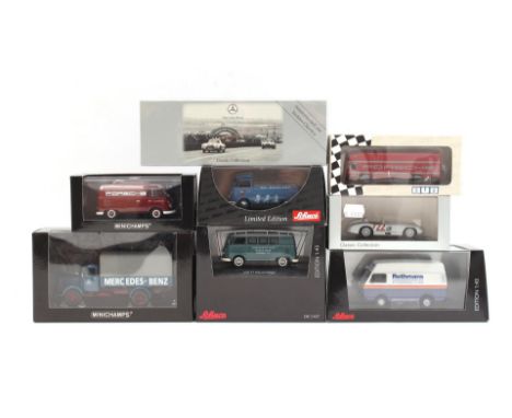 4 Schuco scale model cars including Volkswagen T1 Kleinschnittger, Volkswagen Pritschenwagen T1 mit Piccolo NSU Max, Volkswag