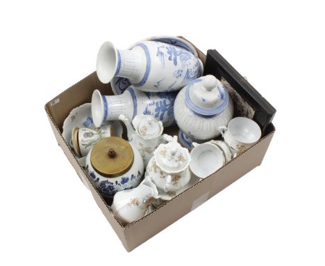 Box of various porcelain and earthenware incl. 3-piece Chinese cabinet set, tobacco jar, manganese tile, majolica and tea set