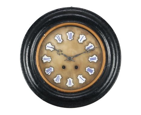 Blackened wooden octagonal school clock with natural stone dial and enamelled Roman numerals, 37 cm diameter