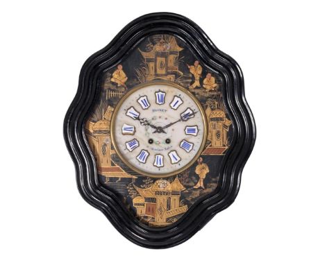 Oeil de boeuf wall clock with chinoiserie painted dial in black lacquered case, with contoured frame, dial marked Blinet à Me