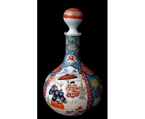 Porcelain decanter with polychrome decor of people and birds in floral surroundings, Japan Arita 19th century, 25 cm high (ch