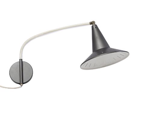 Metal wall lamp with aluminum perforated gray shade, probably design J. Hoogervorst, executed by Anvia, Netherlands 1950s, 50