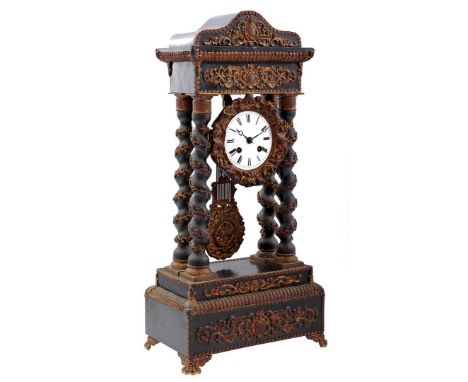 Black lacquered column mantel clock with twisted columns, entire mantel clock decorated with copper, movement marked Vincenti