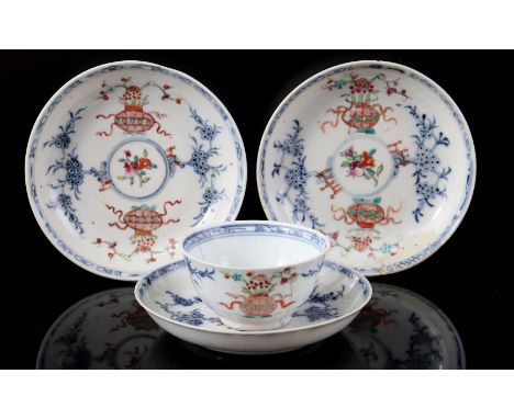 Porcelain cup and 3 saucers with floral decor in blue underglaze and 2 flower vases and pomegranate in overglaze, China Qianl
