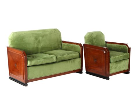 Art Deco sofa, 2-1-seater, walnut wood with black accents, carved decor on the sides and upholstered with a good green fabric