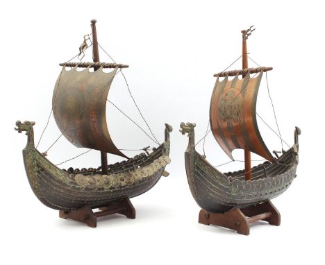 2 copper scale model Viking boats, 38 cm high, 40 cm long