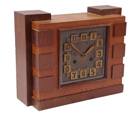 Walnut and oak Amsterdam School table clock with copper dial and Junghans movement, Holland ca. 1920, 27 cm high