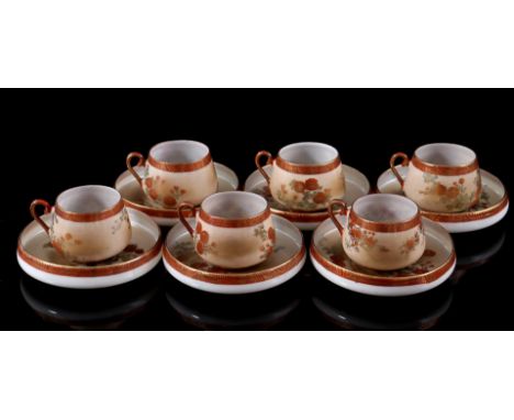 6 porcelain cups and saucers with floral decor, Japan ca. 1900
