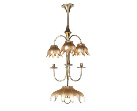 Copper 3-light hanging lamp with glass leaf-shaped shades, ca. 1950, 95 cm high, 43 cm diameter (1 shade with chip)