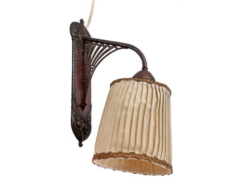 Copper Art Nouveau wall lamp with upholstered shade, 33 cm high