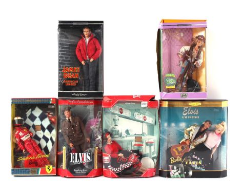 7x Mattel Collector Edition Barbie dolls loose in 6 original boxes, including James Dean, Scuderia Ferrari, Peace &amp; Love,