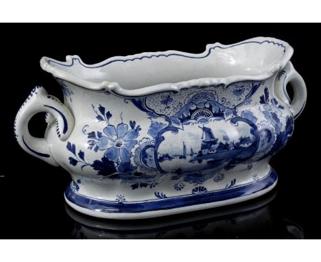 Porceleyne Fles Delft earthenware jardiniere, model 592, painter LGN ten Dam, year letter 1893, 16 cm high, 35x19 cm
