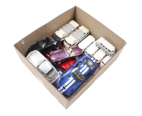 Box with 13 scale model sports cars and Volkswagen vans, brands Burago, Kinsmart, Welly and Franklin Mint