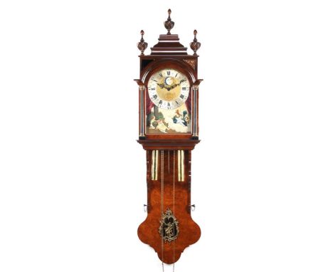 Frisian tail clock with cutwork decoration in hood, dial with polychrome moon phases, in burl walnut veneer case, 20th centur