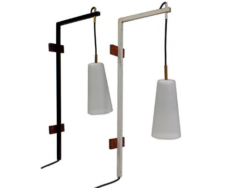 White and black metal hanging lamp with frosted glass shade, 1960s, 59 cm high