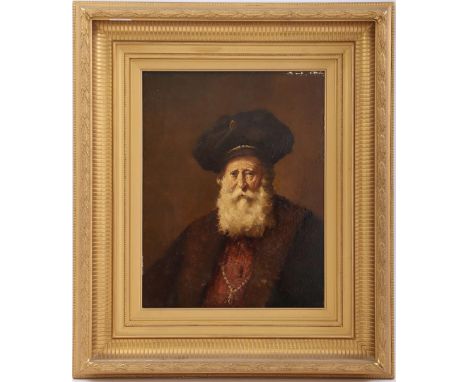 Evert Jan Ligtelijn (1893-1975)Portrait of a man with beard and hat in the style of Rembrandt van Rijn, panel 41x31 cm
