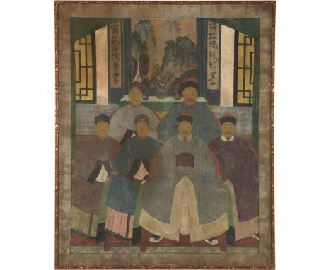 Portrait of ancestors sitting in front of an open window with vases and incense burner and in the background a mountain lands