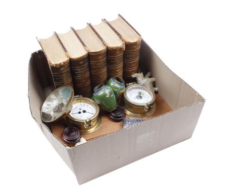 Box with 5-piece Sijthoff's dictionary for knowledge and art, ca. 1890, 2 oriental cloisonné lidded vases on wooden console, 