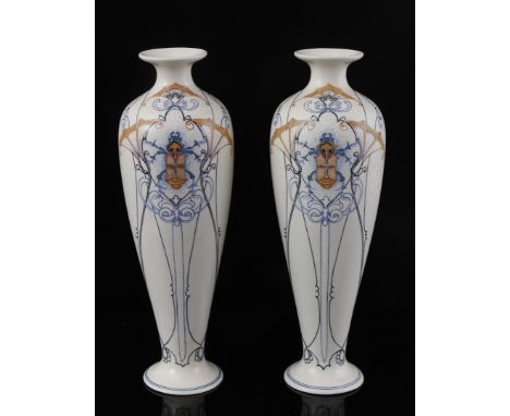 Arnhemsche Fayence 2 earthenware vases with beautiful linear decor of flowers and insects, model number 112, 34 cm high (1 wi