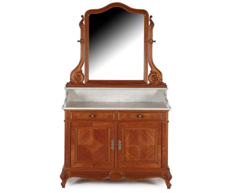 Walnut veneer on oak can be dismantledBiedermeier toilet furniture with adjustable mirror, marble top and base cabinet consis