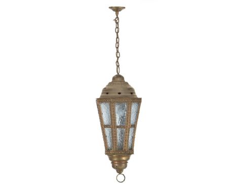 Copper hall lamp with cloud glass, Netherlands, early 20th century, 130 cm high and 35 cm wide
