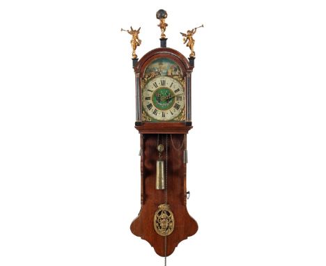 Frisian tail clock in oak case with figurines on the hood and painted dial, approx. 150 cm high