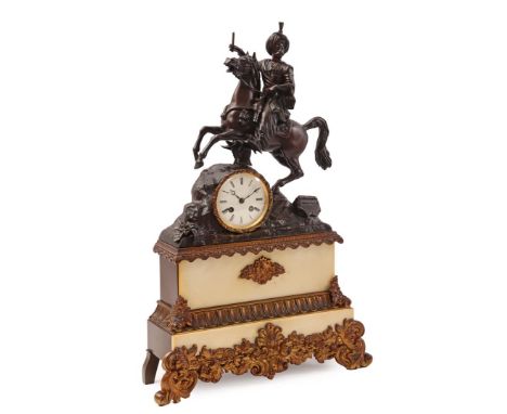 Copper mantel clock with Arab on horseback on top and alabaster front elements, 59 cm high, 40 cm wide