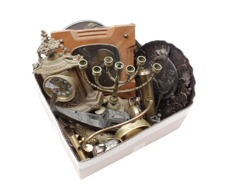 Various box including copperware, Henri Dunant plaque, mantel clock and pewter