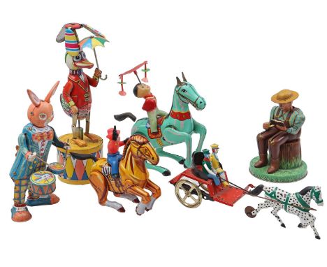 6 x tin toys b.u. MTU Korea cowboy on horseback, MS749 China circus artist on horseback, ALPS Japan reading man with pipe, du