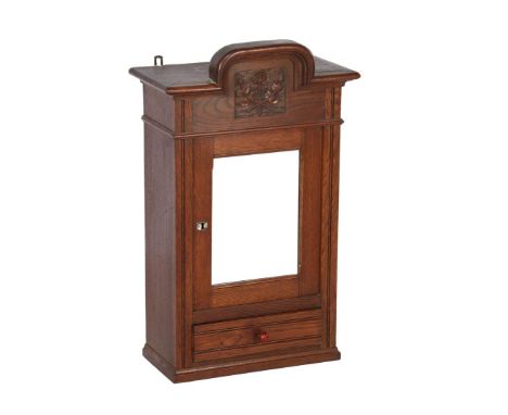 Oak 1-door wall cabinet with drawer, stitching in hood and facet cut mirror in door, 82.5 cm high, 51 cm wide, 25 cm deep