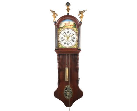 Antique Frisian tail clock in oak case with a painted dial with bridal wreath, approx. 150 cm high