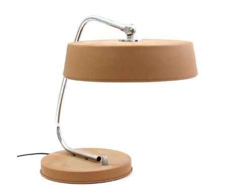 Taupe-colored table lamp with chrome-plated aluminum stem, manufactured by Herda, the Netherlands ca. 1970, 38 cm high