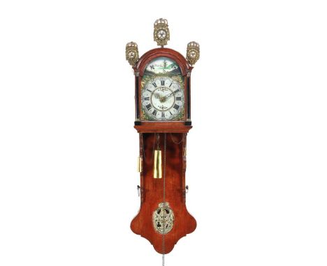 Frisian tail clock with painted hunting scene above the dial, in oak case, ca. 1860, 138 cm high