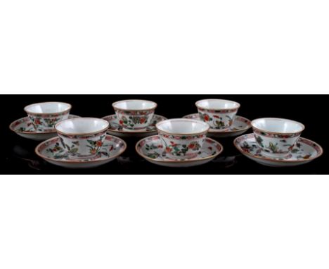 6 porcelain Famille Verte cups and saucers with polychrome decor with grasshopper and butterfly, China Kangxi period ca. 1720
