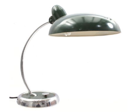 Chrome-plated metal Bauhaus table lamp with green lacquered metal shade, with text Escolux, Early 20th century, 50 cm high